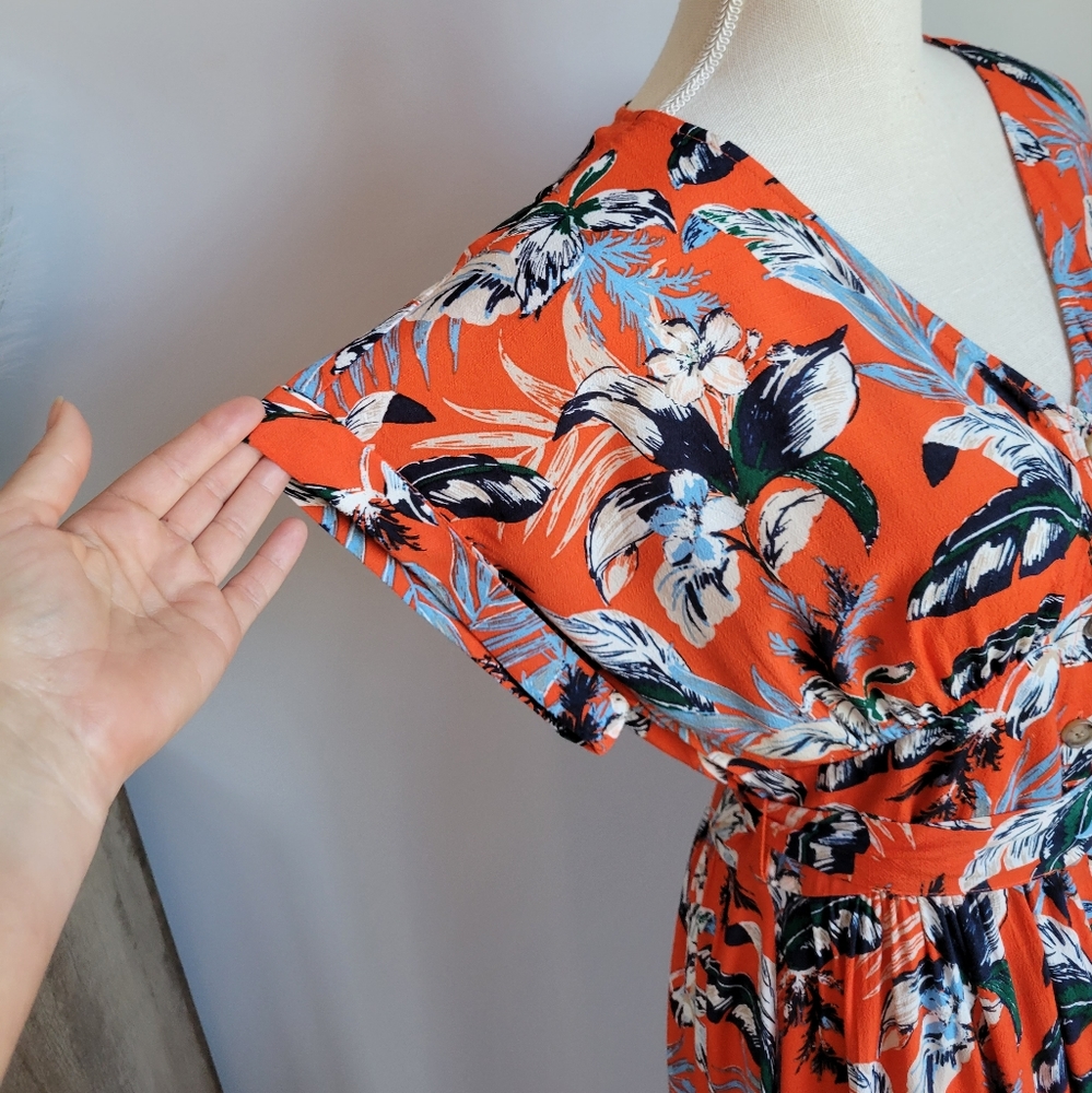 LOFT, New Red Botanical Tropical Floral V-Neck Button Tie Waist Midi Dress 4 - Picture 6 of 12
